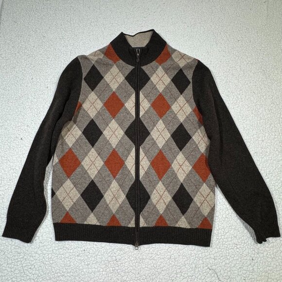 Brooks Brothers Mens Argyle Scottish Lambswool Sweater XL Brown Full Zip Grandpa - Picture 1 of 4